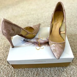 JESSICA SIMPSON Sheer Nude Blush and fine mesh embroidered heels 7M